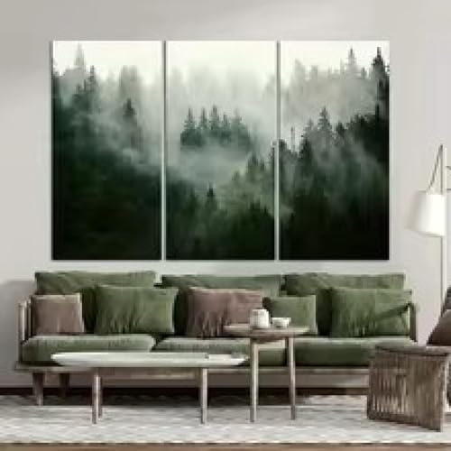 Décoration de salon mur vide triptyque nature forêt brumeuse - 3