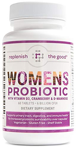 Replenish The Good Women's Probiotic | Vegan Supplement w/ Vitamin D3, Cranberry & D-Mannose | Supports Urinary Tract, Digestive & Immune Health | Fights Yeast & UTI | 60 Sugar-Free Tablets