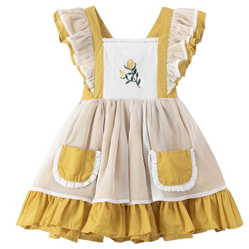Image of Irwsewiee Girl Dress, Rose Embroidered Smocked Dress, Ruffle Sleeve Girl Frocks, Chiffon Kids Boutique Clothing