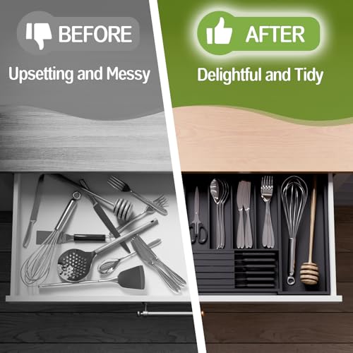 Bamboo Kitchen Silverware Drawer Organizer - Expandable Wood Utensil Holder with Dividers, Luxury Cutlery Storage Tray for Kitchen Utensil and Flatware (5-7 Slots with Removable Knife Block, Black) by Bamfan - Used condition - Image 3