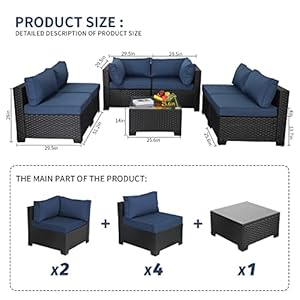 Valita 7 Piece Outdoor PE Wicker Furniture Set Patio Black Rattan Sectional Sofa Couch with Washable Navy Blue Cushions