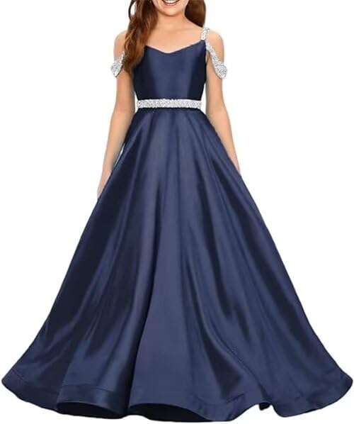 Pageant Dresses for Girls Satin Flower Girl Dress Spaghetti Strap Princess Long Communion Formal Navy Party Dress A Line Floor Length Ball Gown Size 14