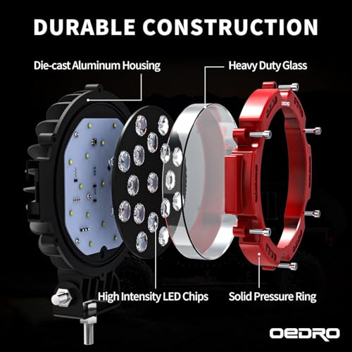 Image of OEDRO 7 Inch LED Light Pods, 51W Round Spot Light Pod 5100LM | Led Work Light for Off Road Lights Fog Bumper Roof Light Fit for Boat, SUV, Motorcycle, Truck, Hunters 2Pcs Red
