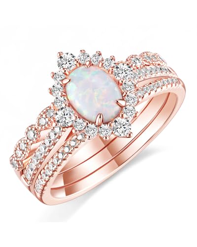 TIGRADE 1.5CT Oval Opal Bridal Ring Sets 3Pcs Rose Gold Stackable Rings Cubic Zirconia Engagement Halo CZ Wedding Band for Women Size 3-12 (Rosegold Size 5)