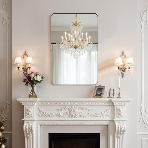Image of Kosmonia 30 inchx20 inch Bathroom Mirror, Large Brushed Nickel Vanity Mirror | Rounded Rectangle, Anti-Rust Wall Mounted, Aluminum Frame, Tempered Glass, Hangs Horizontally or Vertically