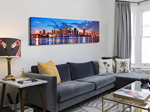Image of Office Wall Decor Miami Skyline Wall Art Panoramic Cityscape Picture Modern USA City Night View Canvas Prints for Bedroom Living Room Home Decoration Stretched and Framed Ready to Hang 13.8 inchx45.3 inch