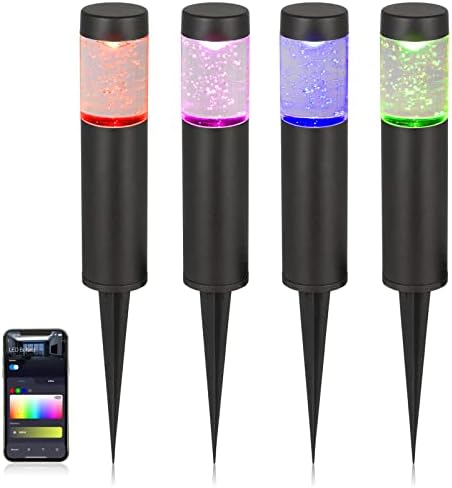 Low Voltage Landscape Lights, Smart LED Round Bollard Light with APP Control, Compatible with Alexa, 3W 12V RGB Color Changing Outdoor Path Lights for Yard Lawn, Aluminum, 15-Year Lifespan, 4 Pack