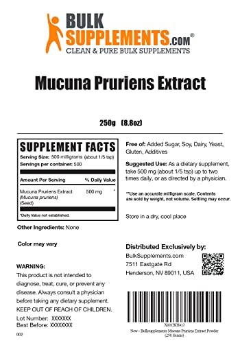Bulksupplements.com Mucuna Pruriens Extract Powder - Herbal Extract Supplement, From Mucuna Pruriens Seed - Gluten Free - 500Mg Per Serving, 500 Servings (250 Grams - 8.8 Oz) #TOP1
