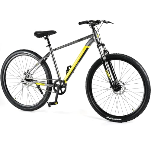 Image of FitTrip 29T Scrambler Mountain Bike Cycle for Men & Women, Single Speed MTB Bicycle with Steel Alloy Frame, Hartex Tyres, Fully Fitted, Zero Maintenance, Liquid Metal Yellow