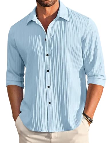 Image of FINIVO FASHION Men's Casual Cotton Plain Button Down Shirt Long Sleeve Textured Summer Beach Shirt for Men