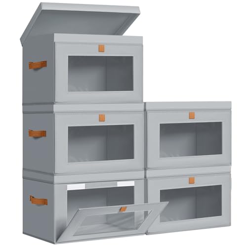 Image of DIMJ Storage Bins with Lids - 5 Pack Fabric Closet Organizer with Window & Handles, Collapsible Decorative Storage Boxes for Shelves Under Bed, Books Clothes Blankets Sweaters Organization