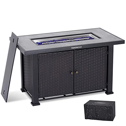 Garvee 44 Inch Propane Fire Pit Table, 50000BTU Rectangle Fire Table with Cover & Rain Cover, Sturdy Steel and Iron Fence Surface, CSA Safety Certified, Companion for Your Garden (Double Door)