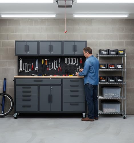 Image of 72in Rolling Tool Chest Cabinet Mobile Garage Workbench Heavy-Duty Tool Cabinet on Wheels with 11 Drawers, 2-Door Cabinet, 3 Top Cabinet, Pegboard & Power Strip for Tool Organization