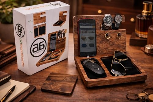 AB Handicrfafts Wooden Docking Station, Nightstand Organizer Wallet, Watch Stand Key Holder for Mom for DAD, Husband, Compatible with iPhone