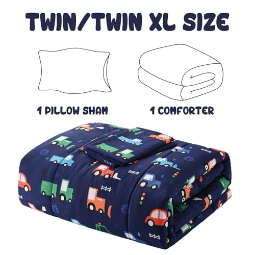 Image of Yibeizi Car Kids Comforter Set for Boys Twin Navy Blue Bedding