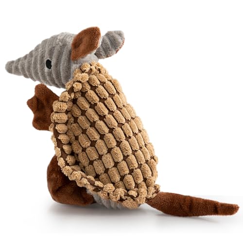 Image of Hollypet Plush Dog Squeaky Toy Stuffed Armadillo Animal Pet Puppy Chew Toys with Clean Teeth for Small Medium Large All Breed Sizes Dogs, Light Brown, 8 in