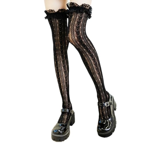 Image of Thigh High Stockings with Bow, Santa Accessory Y2K Fishnet Socks with Lace Brim Lingerie Tights for Women