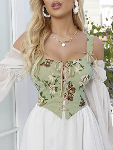 Wdirara Women's Butterfly Floral Print Corset Lace Up Sleeveless Shapewear Tops Green And White L #TOP3