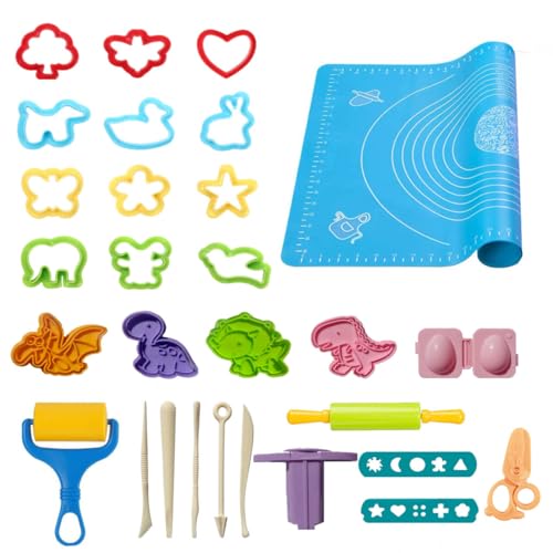 Funbero Knete Zubehör Set,29 Stück Teig Plastilin Werkzeugset für Kinder, Einschließen Teig Plastilin Werkzeuge, Formen,Teigrolle, Knetmatte