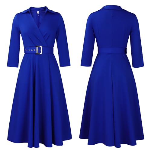 Useagrey Formal Dress for Curvy Women, Elegant Business Deep V Neck Dress with Belt, Long Sleeve Suit Skirt3