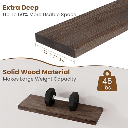 Image of Floating Shelves for Wall Decor, 8 Inch Deep Rustic Solid Elm Wood Floating Shelves Wall Mounted, Wall Shelves with Invisible Bracket for Living Room Bathroom Bedroom Kitchen, 24 Inch Set of 2, Walnut