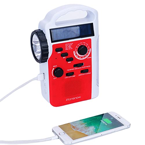 iRonsnow Wind Up Solar Radio, Hand Crank Dynamo AM/FM Shotwave Emergency Weather Radio, With Rechargeable USB Phone Charger, SD Card Music Speaker LEDs Flashlight, use for Outdoor Camping, Hiking