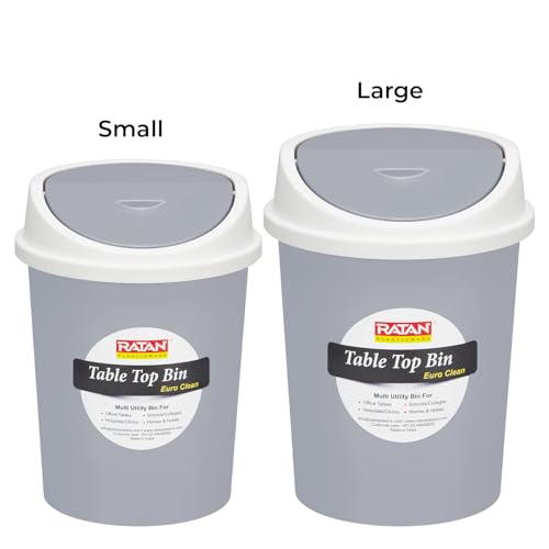 Image of RATAN PLASTICWARE Euro Clean Table Top Medium Dustbin with Swing Lid for Study Table, Desk, Kitchen Sink, Car, Kids Room | Compact and Stylish Waste Storage Garbage Bin - 2 Litre, Grey