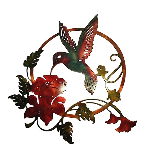 KedAiKJ Round Metal Hummingbird Flower Wall Art Decor, Animals Birds Flowers Silhouette Hanging Ornament Home Living Room Garden Fence Yard Bedroom Indoor Outdoor Front Door Decoration Gift