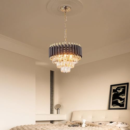 Image of Luxurious 300mm Black Gold Modern Chandelier with K9 Crystals | Warm White, Moonlight & Golden Light | Ceiling Hanging Light for Living Room, Dining Room, Bedroom, Hallway