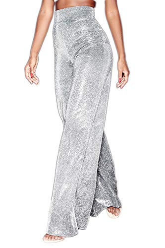 Velius Women's Sexy Metallic Sparkly Wide Leg Pants Trousers Clubwear (Small, Silver) #TOP1