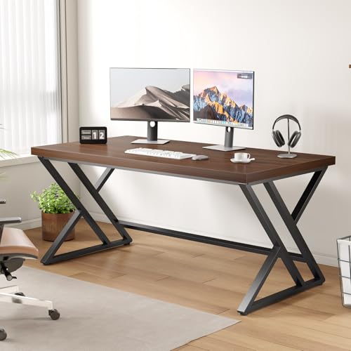 LVB Wood Computer Desk, Rustic Executive Home Office Desk for Bedroom, Industrial Metal Wooden Computer Table for Study Writing Work, Modern PC Student Simple Gaming Desk with Storage, 55 Inch, Walnut