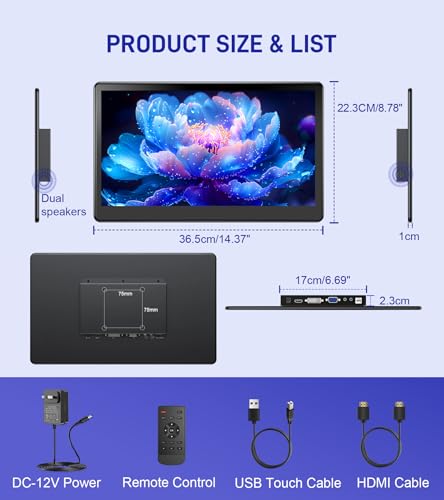 Image of 15.6 inch Portable Touchscreen Monitor with HDMI VGA DVI Ports, Screen Extender FHD 1920x1080 IPS Small Touch Screen Display Compatible with Laptops PC PS5 /4, Industrial (with Remote)