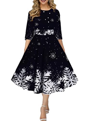 Onsoyours Weihnachtskleid Damen Elegant Langarm Rundhals Vintage Swing Kleid Abendkleid Weihnachtsdruck Schneeflocke Partykleid Christmas Dresses...