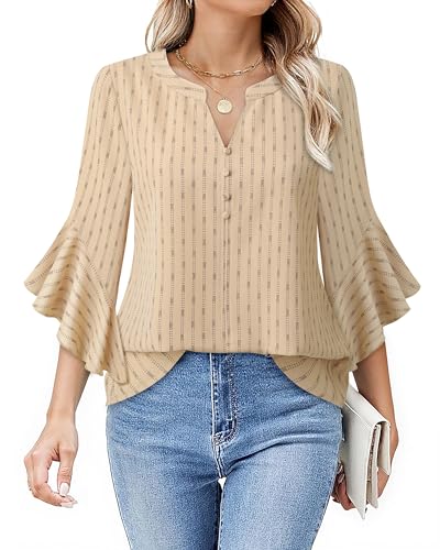 Bebonnie Womens Tops Dressy Casual Ruffle 3/4 Sleeve Henley V Neck Chiffon Blouses with Buttons3