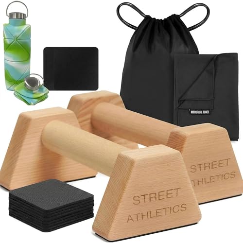 Sheltter Calisthenics Parallelstangen aus Holz | Inklusive Tragetasche + Griffpolster + Handtuch + Wasserflasche | Rutschfester Liegestützständer
