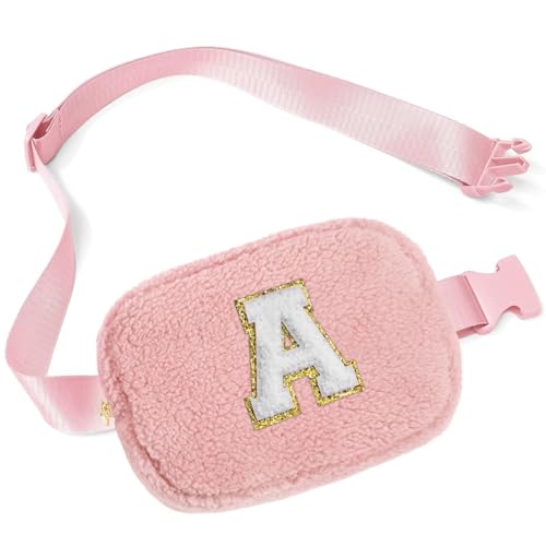YOOLIFE Gifts for Girls Teen Girls Birthday Gifts - Personalized Gifts for Women, Gifts for Daughter Sister Friends, Fleece Belt Bag Pink Initial Crossbody Bag A