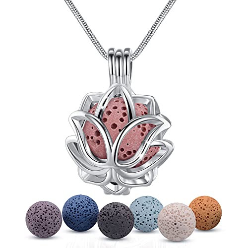 INFUSEU Essential Oil Diffuser Necklace Aromatherapy Jewelry for Women TeenGirls, Small Lotus Flower Pendant, 7 Lava Rock Stones, 24″ Snake Chain