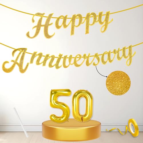 Image of Flyloons 50th Happy Anniversary Banner Gold Decorations Kit for Men Women Wedding Anniversary Banner Items without Balloons Gold Jubilee