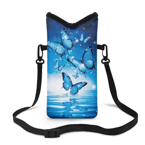 Image of Men Women Small Crossbody Purses Mini Cellphone Pouch Case Phone Carrier Bag with Detachable Adjustable Strap for iPhone 16 /15 /14 /13, Blue Butterfly Water Ripple Print