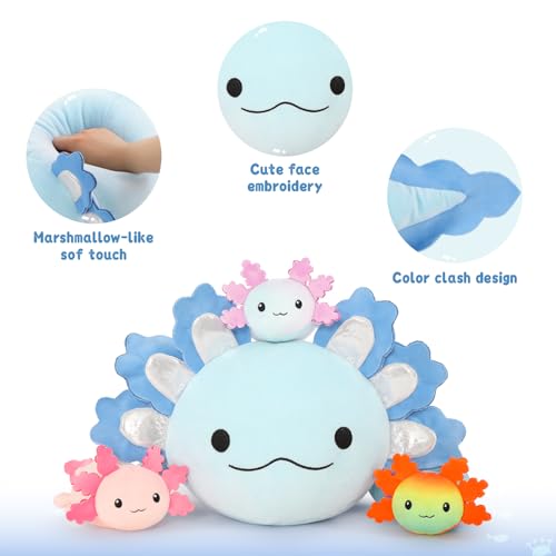 Image of MaoGoLan 23.5 inch Axolotl Plush with 3 Baby Axolotl Stuffed Animals | Large blue axolotl plush with 3 baby axolotls inside, great for cuddling, play, room decor, and gifts.