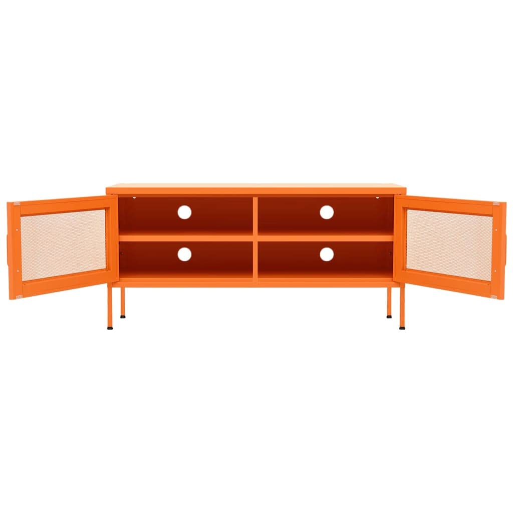 Mobile TV arancione in acciaio, 105 x 35 x 50 cm, con 2 ante a griglia, scaffale e gestione dei cavi, portata 100 kg, moderno mobile basso per soggiorno, home theater, gaming, salvaspazio e