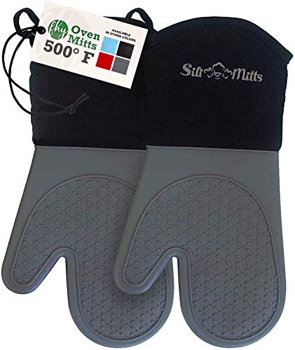 Silicone Oven Mitts Heat Resistant to 500 Degrees - 2 Extra Long Silicone Oven Mitt Pot Holders - Food Safe Silicone Oven Gloves are Water and Steam Proof - (Gray) - Frux Sili Mitts