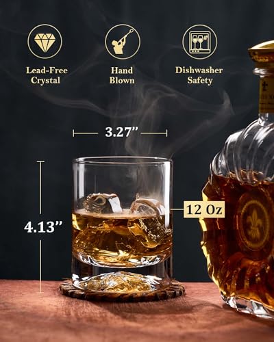 JBHO Hand Blown Crystal Double Old Fashioned Cocktail, Solid Whiskey Glasses, Rocks Glasses, Lowball Glasses - 12 Ounce - set of 2 - Perfect Size for Oversized Ice Cubes