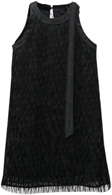 Women Loose Tassel Trimmed Chiffon Dress Vintage Floral Gown A-Line Round Neck Boho Tassel Dress