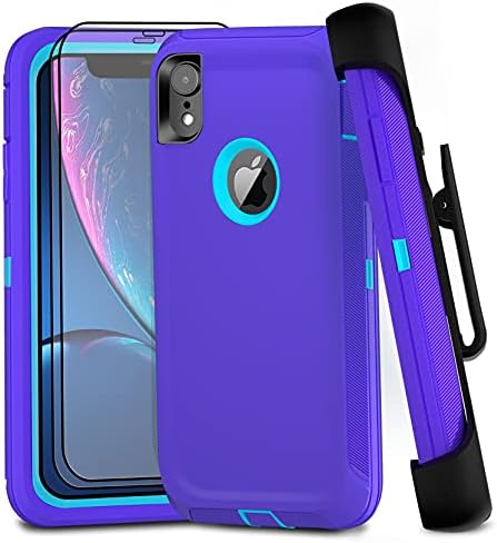 Fzxowux iPhone XR Case with 2 Screen Protectors, Heavy Duty Full Body Protection, Military Grade Rugged Cover Anti-Scratch Shockproof Case 6.1″ (Purple Blue+Clip)
