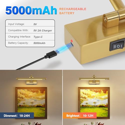 Luces de latón para pared inalámbricas LED de 3W para pinturas 16" 6