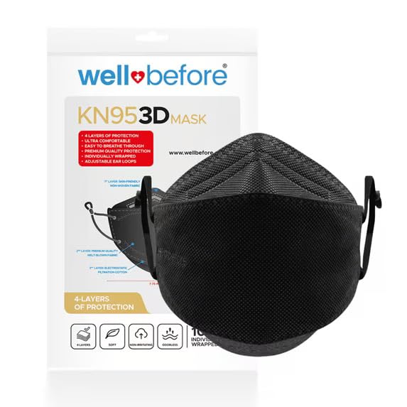 Well Before 3D KN95 Disposable Face Masks with Adjustable Ear Loops Medium Black Pack of 10