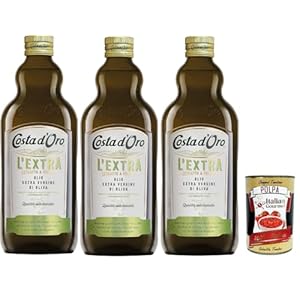 Costa d’Oro Extra, die extra 1 liter koude geëxtraheerde geëxtraheerde olijfolie extraheert. Evenwichtige smaak, geschikt voor alle recepten en als saladekruiden, 3x 1 l + Italian Gourmet polpa 400g