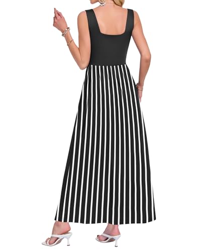 AUSELILY Women's Summer Maxi Dress Square Neck Sleeveless Floral Loose Long Hawaiian Beach Vacation Dresses with Pockets Black White Stripes L - image 3