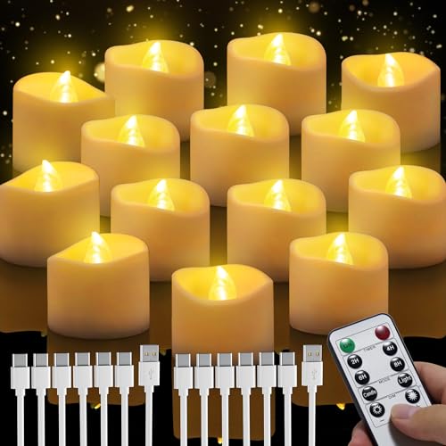 daphomeu Led Kerzen Wiederaufladbar, 12 Stücke Teelichter mit Timerfunktion, Led Kerzen Flackernde Flamme mit Fernbedienung für Halloween, Weihnachten, Herbst und Winter, Hochzeit